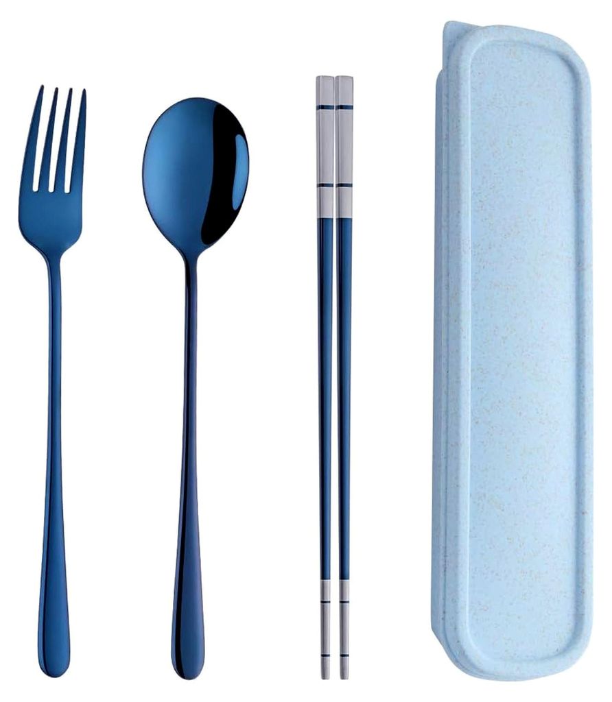 Tragbares Outdoor Reisebesteck Set Blau für Camping, Picknick, Schule und Büro