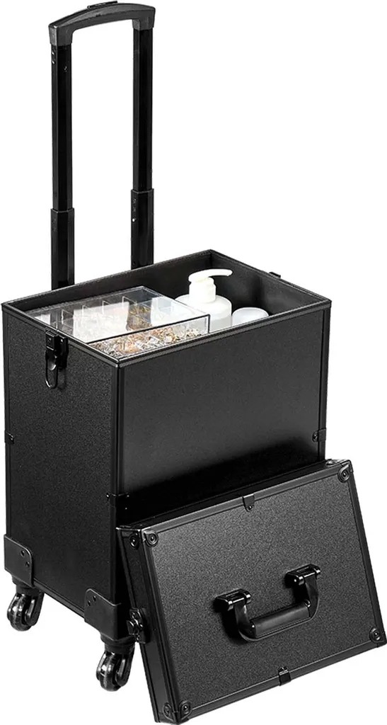SucceBuy 5 in 1 Valigia professionale per il trucco in alluminio, trolley per il trucco, trolley da viaggio extra-large per il trucco, con ruote rotanti a 360° e timone regolabile, nero