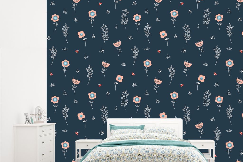 MuchoWow Fototapete für Wohnzimmer oder Schlafzimmer Wandtapete Vinyl Motivtapete Blume - Insekten - Muster - 265x220 cm - Die Küche
