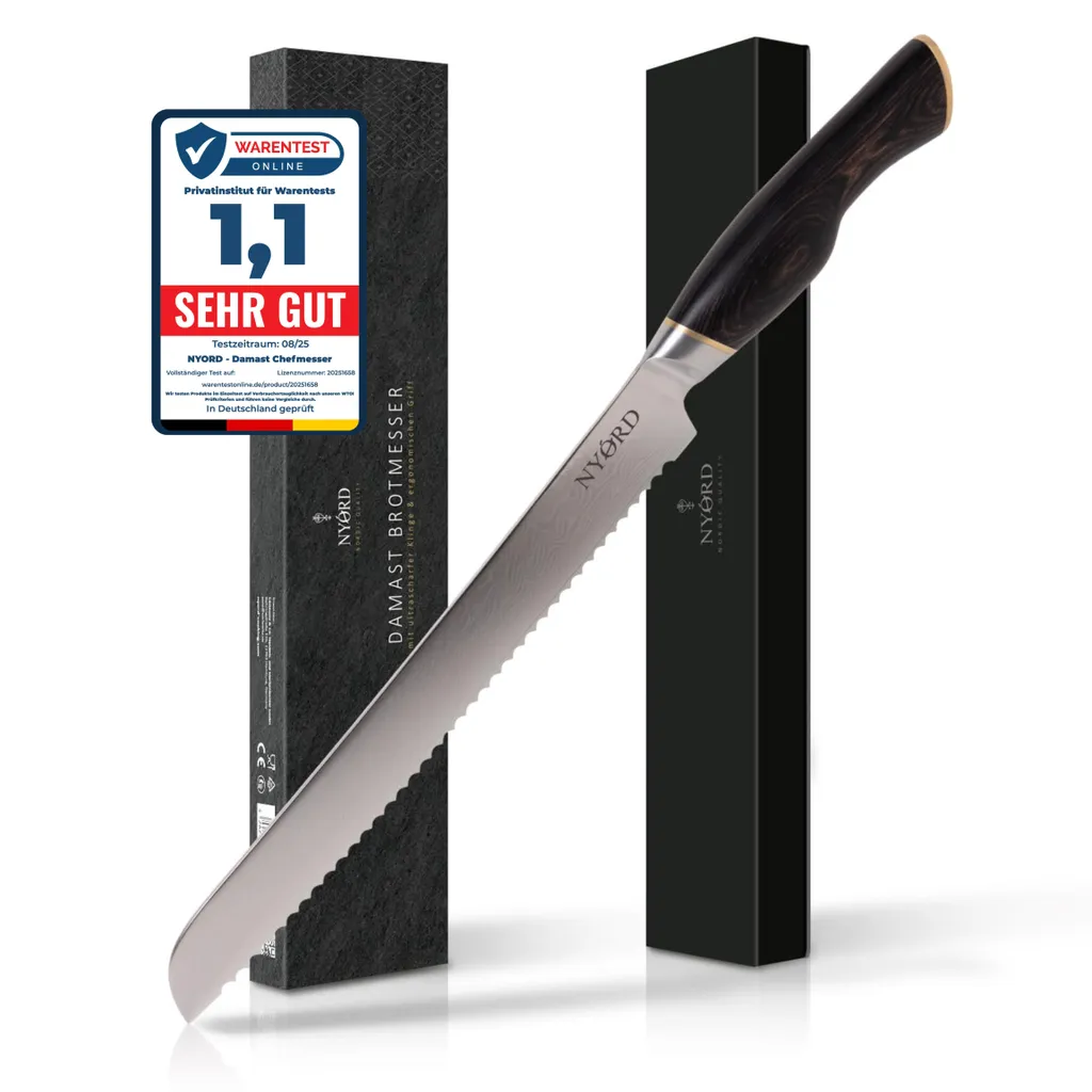NYORD Damascus bread knife - coltello per affettare il pane realizzato con 67 strati di acciaio Damasco con bordo seghettato, lama Damasco ultra affilata e manico ergonomico in Pakkawood