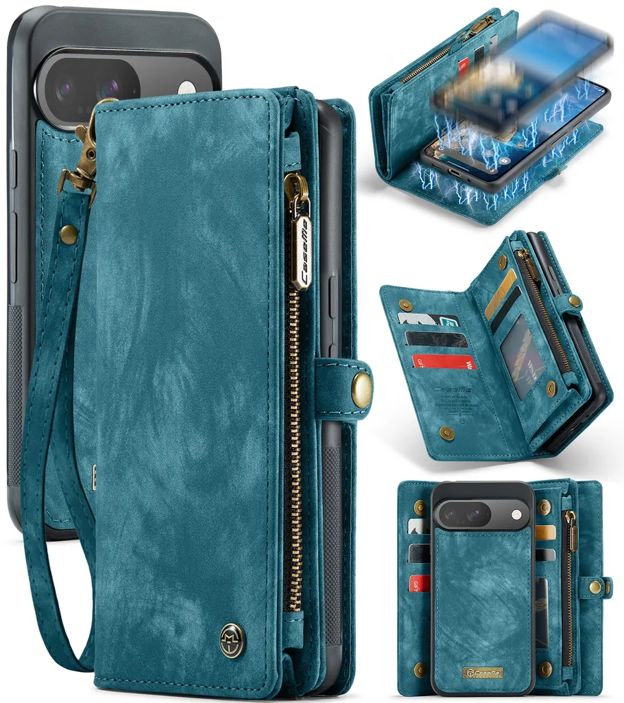 Cover Multifunzione Pixel 9 Pro Pelle Blu con RFID e Zip
