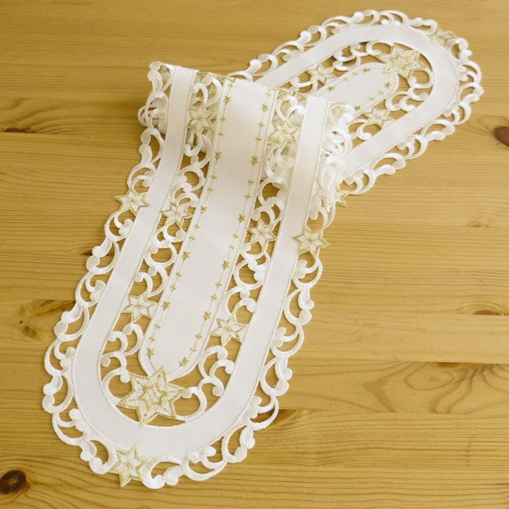 Tischläufer SELINA Stern Cutout Stick ecru gold Polyester 20 x 80 cm