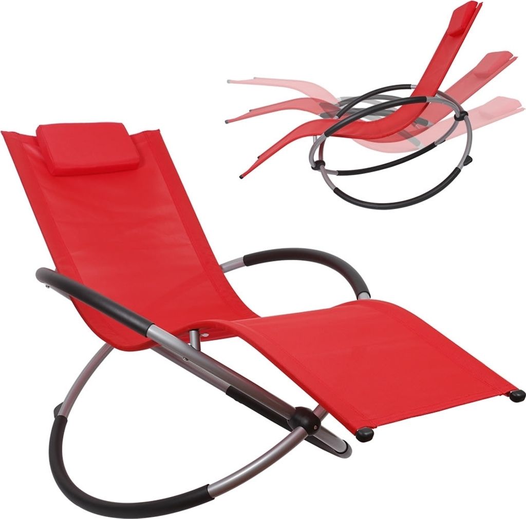 A red rocking lounge chair is shown against a white background. A smaller inset image shows the chair in multiple rocking positions.