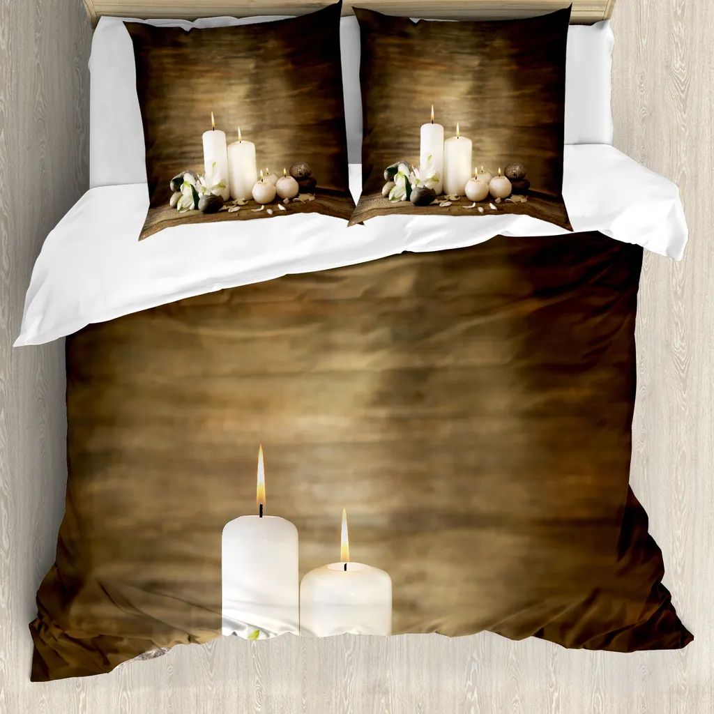 Copripiumino ABAKUHAUS Spa, Wooden Stones Petalo, antiacaro, adatto a chi soffre di allergie, con federe, 200 cm x 200 cm - 80 x 80 cm, marrone e bianco