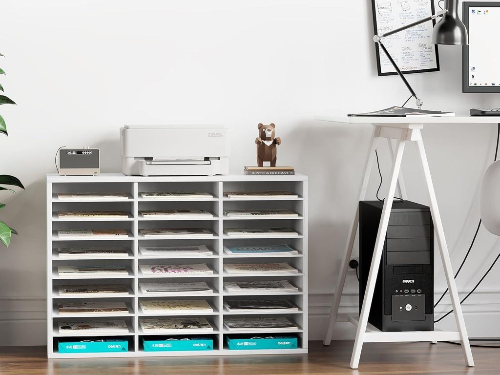 Holz Schreibtisch Organizer mit 27 Fächern - A4 Format - Weiß Verfügt Über Kleine und Große Fächer für Papierlagerung und Büroaccessoires
