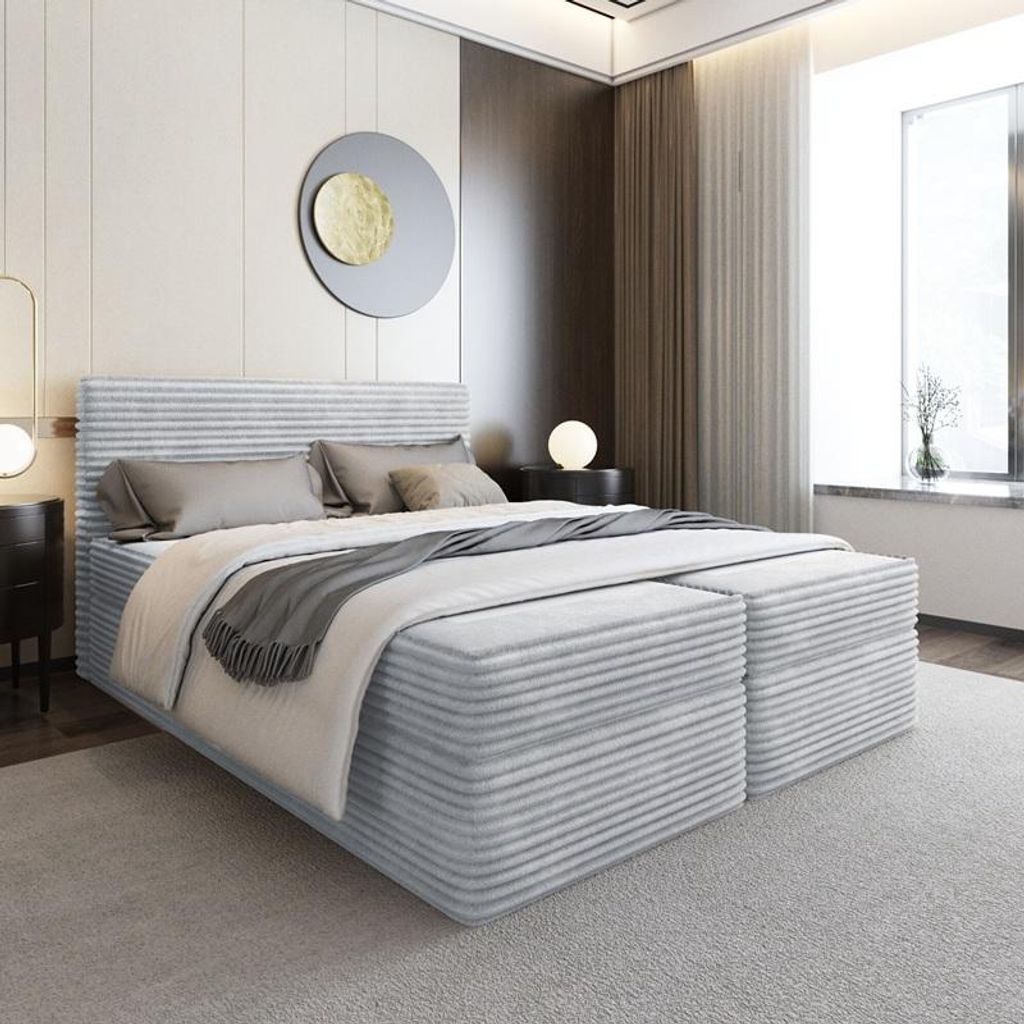 Bett Boxspringbett SENO mit TOPPER VISCO und Bettkästen - Doppelbett, Stauraum, Schlafzimmer, Bettgestell (180x200, Hellgrau- Tilia 86)