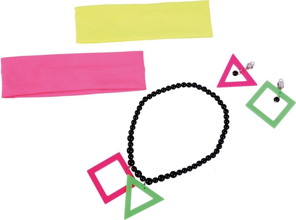80er Jahre Neon-Set Ohrringe Kette & Stirnbänder für Damen Kostüm-Zubehör Accessoire Neon-Party 90er Jahre Fasching Karneval Mottoparty