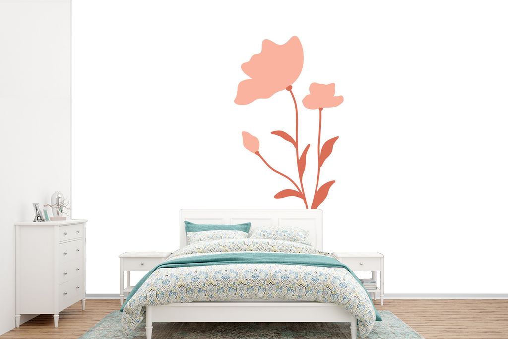 MuchoWow Fototapete für Wohnzimmer oder Schlafzimmer Wandtapete Vinyl Motivtapete Illustration einer rosa Blume auf weißem Hintergrund - 330x22...