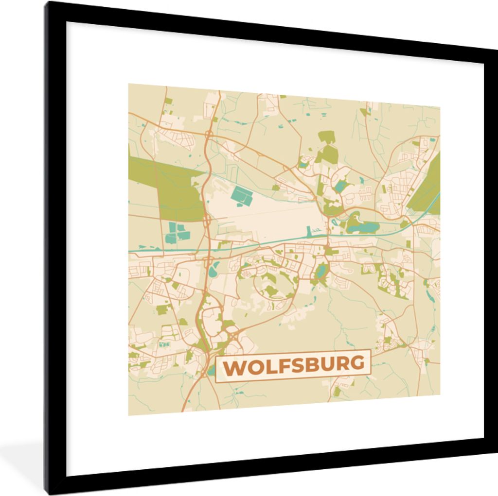 MuchoWow Gerahmtes Poster Wolfsburg - Karte - Stadtplan - Vintage 40x40 cm - Poster mit Schwarzem Bilderrahmen Wandposter Rahmen Foto Bilder - Po...