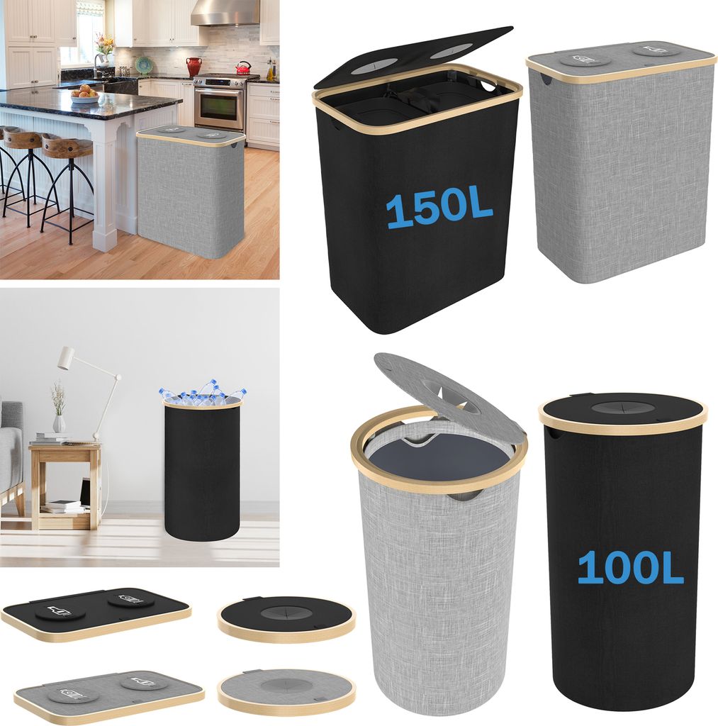 LZQ Pfandflaschen Sammelbehälter mit Deckel – 100L, Rund, Leergut Aufbewahrung mit 1 Innenbeutel für Küche & Lagerraum,Schwarz
