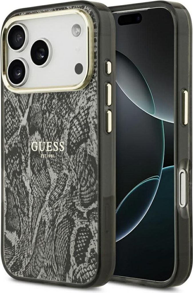 A close-up of an iPhone case with a python pattern and the Guess logo.