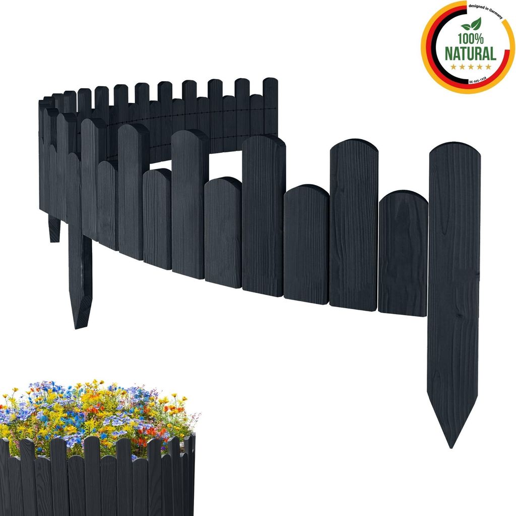 Floranica Rasenkante 200 x 15 cm Antrazit Flexible Beeteinfassung aus Holz als Rollborder Palisade Gartenzaun