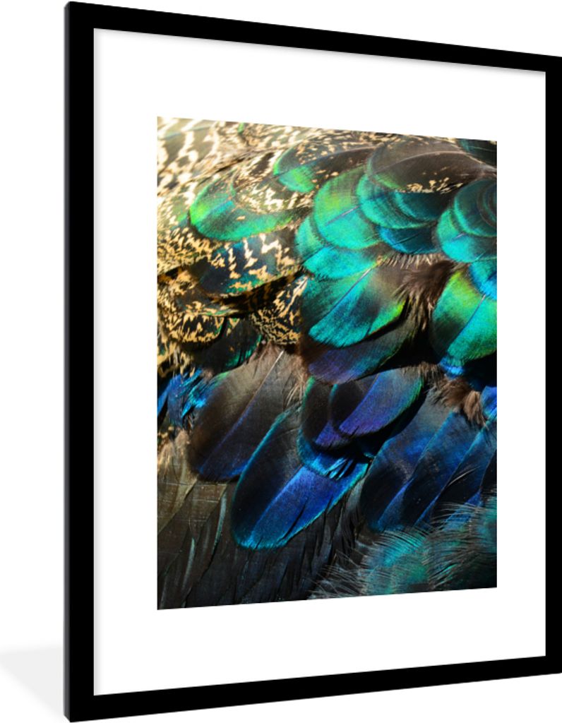 MuchoWow Gerahmtes Poster Federn - Pfauenfedern - Pfau - Blau - Kunst 60x80 cm - Poster mit Schwarzem Bilderrahmen Wandposter Rahmen Foto Bilder ...