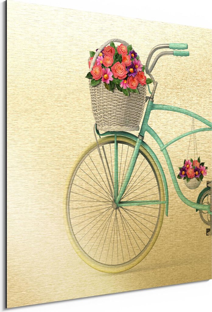 DEQORI Alu-Dibond Bild Gold 50x50 cm 'Fahrrad voller Blüten' Wandbild Metall dünn Design