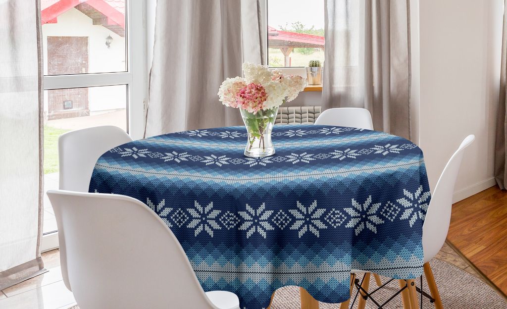 ABAKUHAUS Winter Runde Tischdecke, traditionelle Jacquard, Kreis Tischdecke Abdeckung für Esszimmer Küche Dekoration, 150 cm, Blau Weiss
