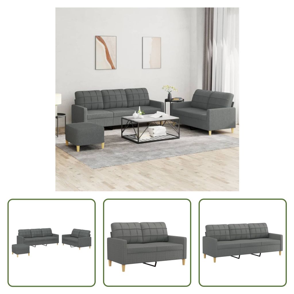 The Living Store 3-tlg. Sofagarnitur mit Kissen Dunkelgrau Stoff