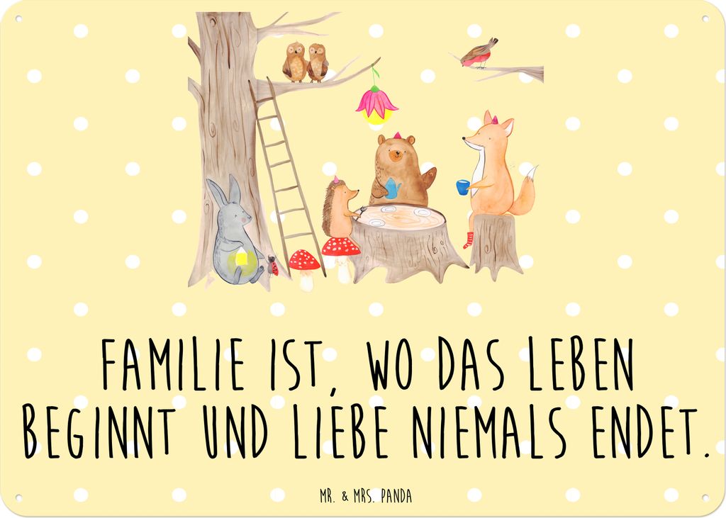 Mr. & Mrs. Panda tafel Waldtiere Picknick DIN A6 - Gelb Pastell - Geschenk, Maus, Schild, Türschild, Fuchs, Wandbild, Wald, Hase, Retro Blechschil...