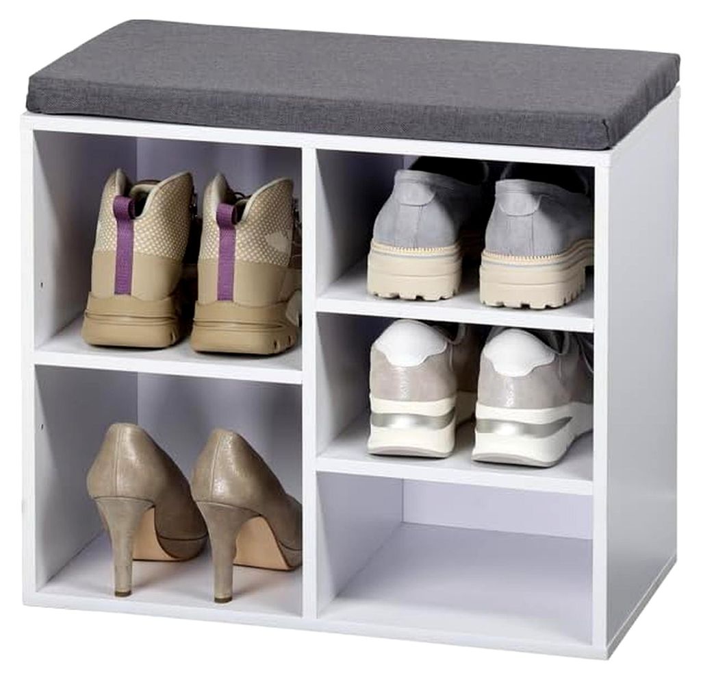 Schuhschrank mit Sitzkissen, Material: Spanplatte, Maße: B: 51,5 x H: 29,5 x T: 48 cm, Farbe: Weiß, Grau