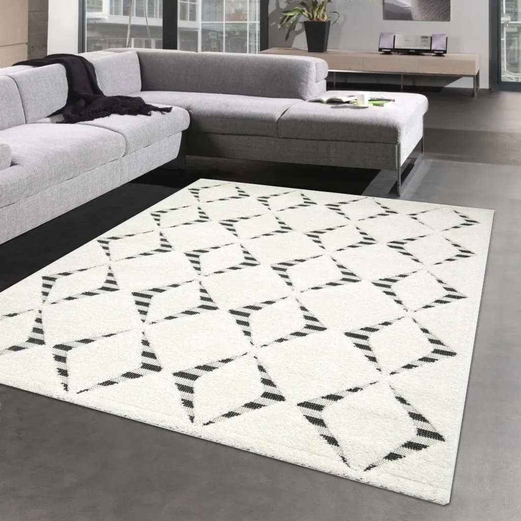 Grand tapis de salon 160x230 cm aspect shaggy doux motif losanges