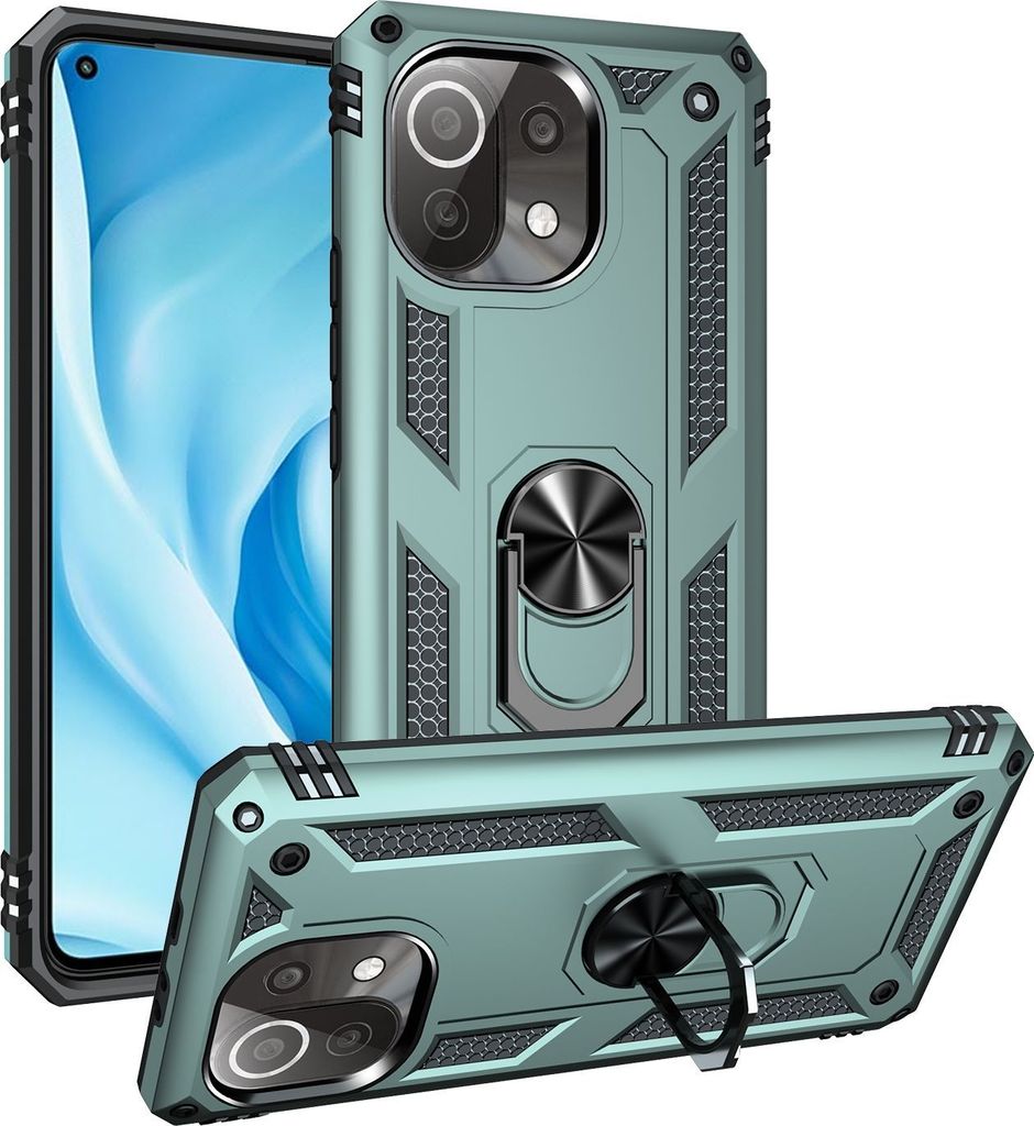 Mobigear Armor Ring Xiaomi Mi 11 Lite Hülle Hardcase Backcover Stoßfest mit Ringhalter - Grün