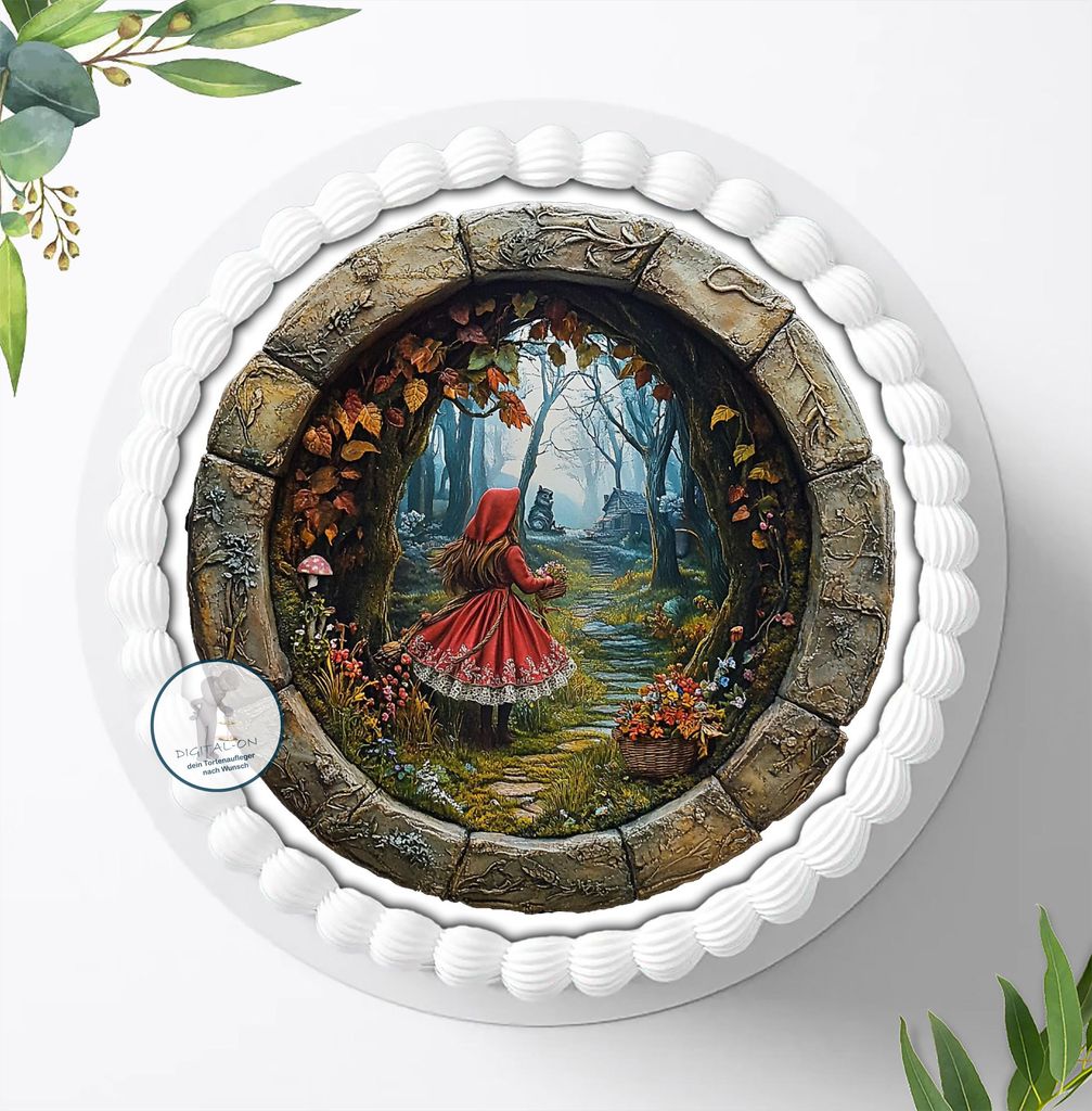Für die Geburtstags Torte ein Tortenaufleger, Zuckerbild mit dem Motiv: Rotkäppchen und der Wolf, Essbares Foto für Torten, Fondant, Ø 20cm, 2216z