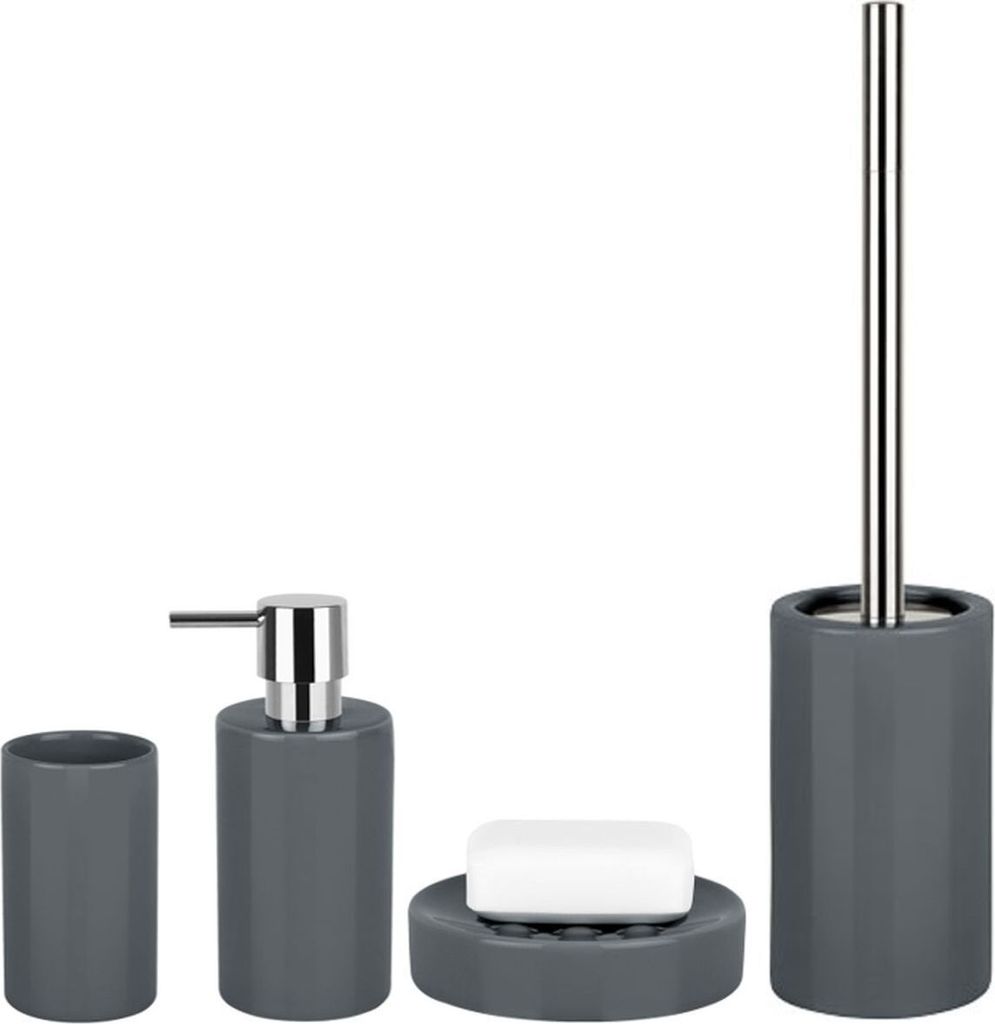 Spirella Badezimmer Set, 4-teiliges Badzubehör aus Porzellan Tube Seifenspender, Seifenschale, WC Bürste und Zahnputzbecher Grau