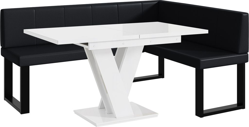 MEBLINI Eckbank für Esszimmer mit ausziehbarem Tisch - Küchenbank - Essecke - Sitzecke Küche - PETER - U-Beine 128x168x87cm Rechts - Schwarz Kun...