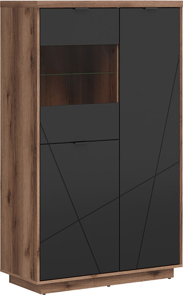 Vitrine Sven mit 3 Türen, Schwarz und Holzoptik, 157cm