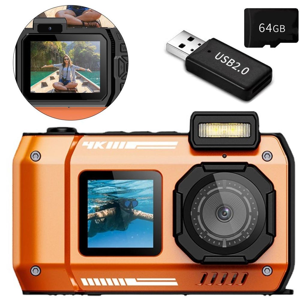 4K Unterwasserkamera, 65MP Digitalkamera – Autofokus Digitalkamera, wasserdicht mit 64GB Karte, Dual-Screen Selfie, 2500mAh Batterie, 18X Zoom, 1...