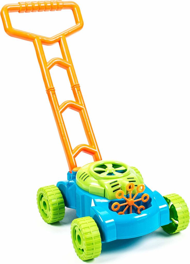 Kinder-Rasenmäher mit Seifenblasenmaschine, 8 Pusteringen, Ein-Aus-Schalter, Batteriebetrieb, Größe ca. 27 x 27 x 15/50 cm