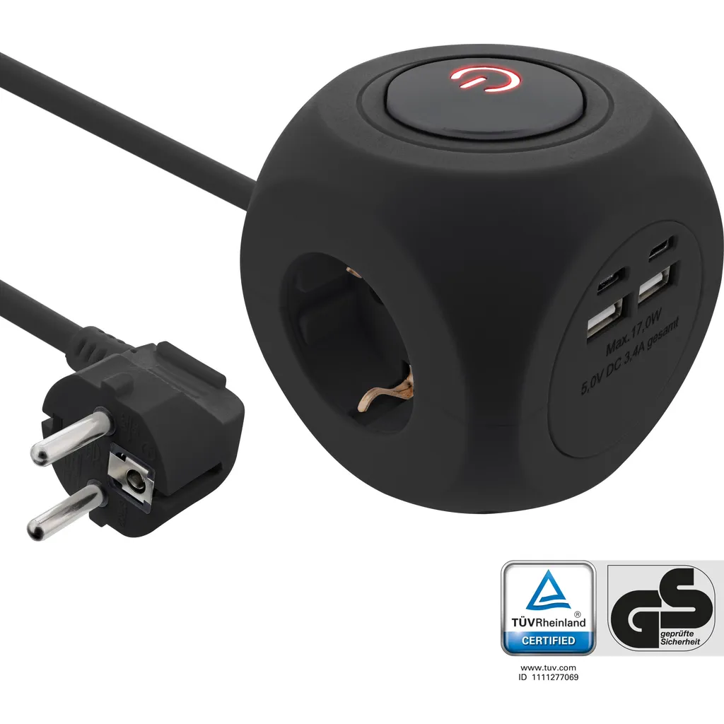 InLine® Charging Cube Noir avec 3 Prises Terre, 2 USB-C et 2 USB-A, 2m