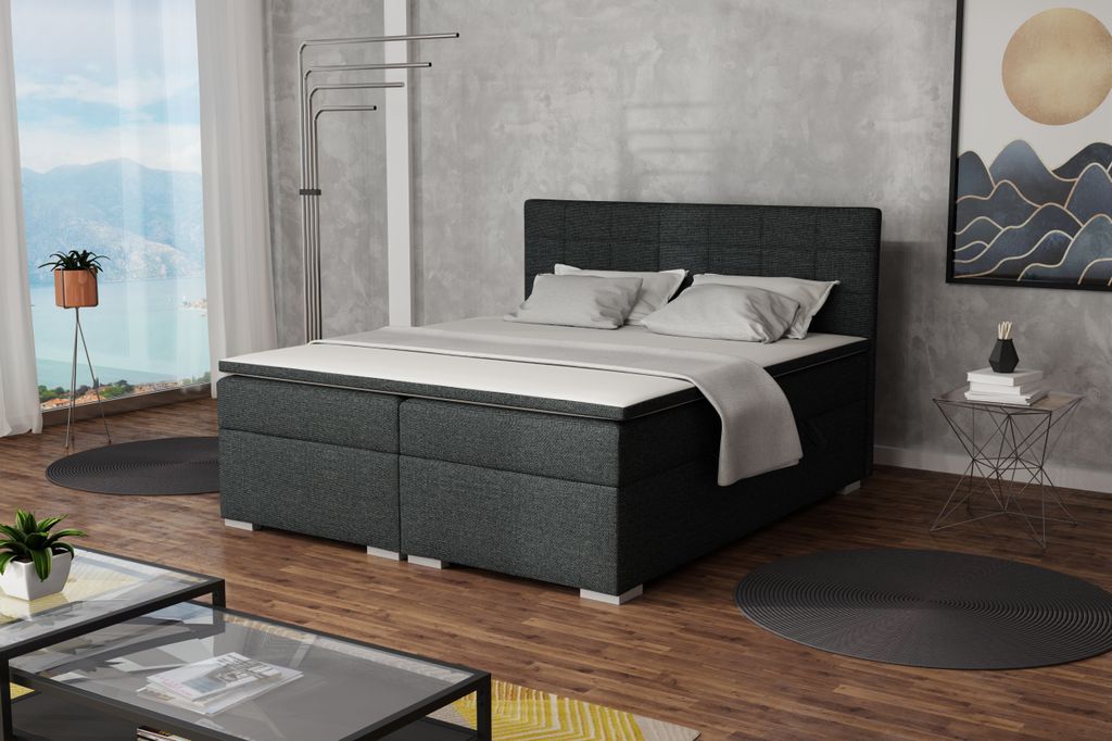 Kontinentalbett AMBER 160x200 grau, dunkelgrau Inari 94 mit Topper-Matratze 5 cm zwei Container KAMA MOEBEL