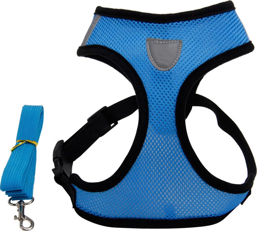 Hundegeschirr mit Leine, Netzstoff, verstellbar, weich, atmungsaktiv, Haustierweste für Outdoor-Training und Laufen, Blau, M