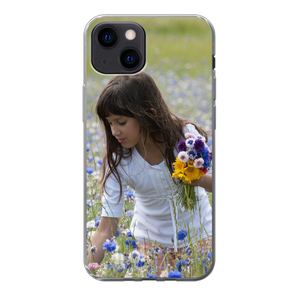 MuchoWow Handyhülle Schutzhülle Hülle für iPhone 13 mini Mädchen - Blumen - Wiese Silikon Softcase Handy Hülle - Softcase