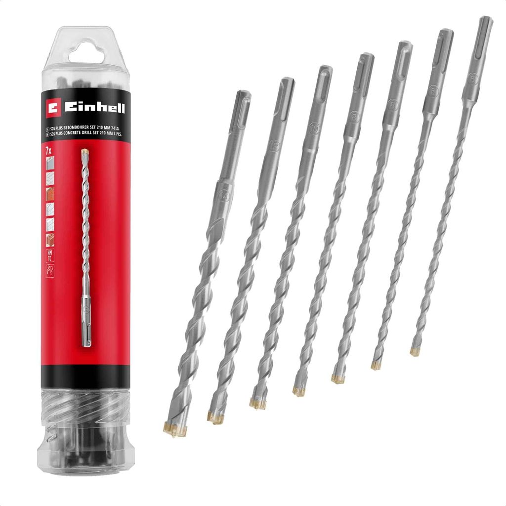 A set of SDS-Plus drill bits in a clear plastic tube packaging, with the drill bits arranged diagonally next to the packaging.