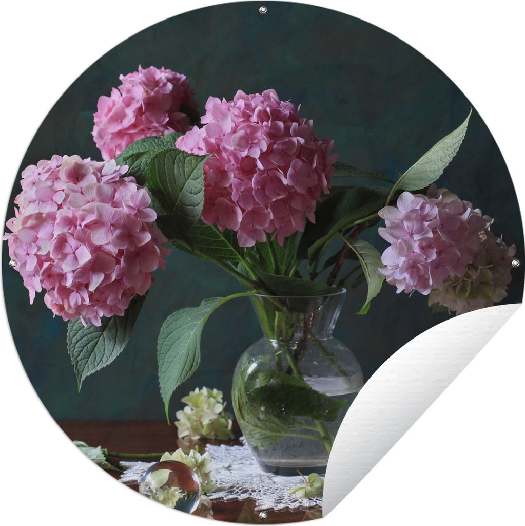 MuchoWow Gartenposter Outdoor-Poster Rund Stilleben Hortensien und Teetasse auf Tisch Ø 60 cm Gartendeko Rundes Poster draußen