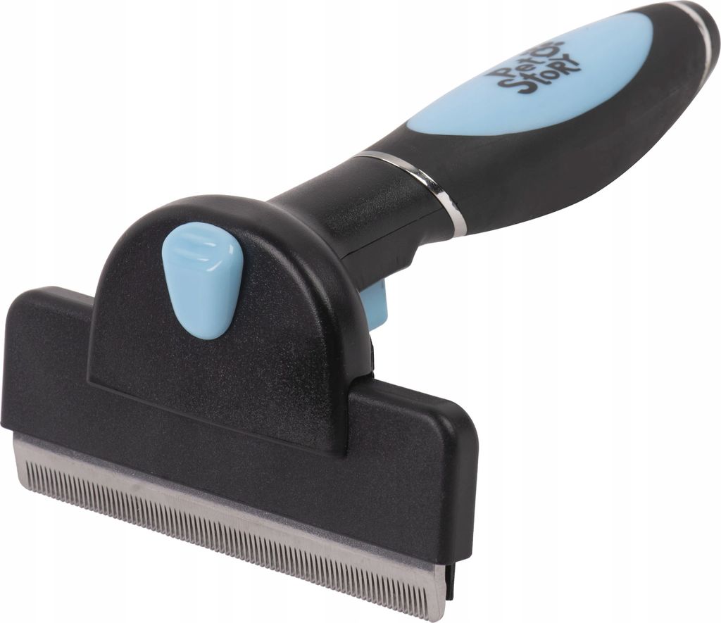 A pet grooming tool, specifically a deshedding brush, is shown against a white background.