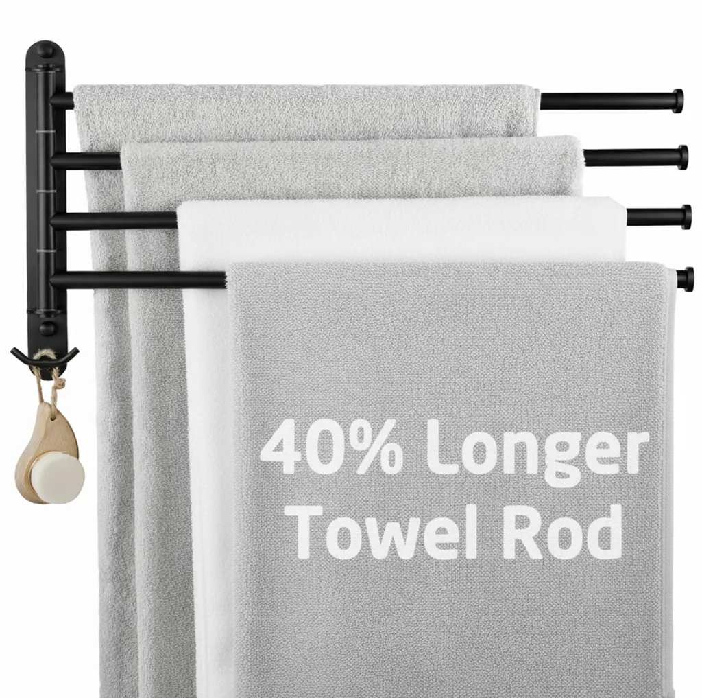 Barre de serviette de bain pivotante 4 bras en inox 50cm noir mural