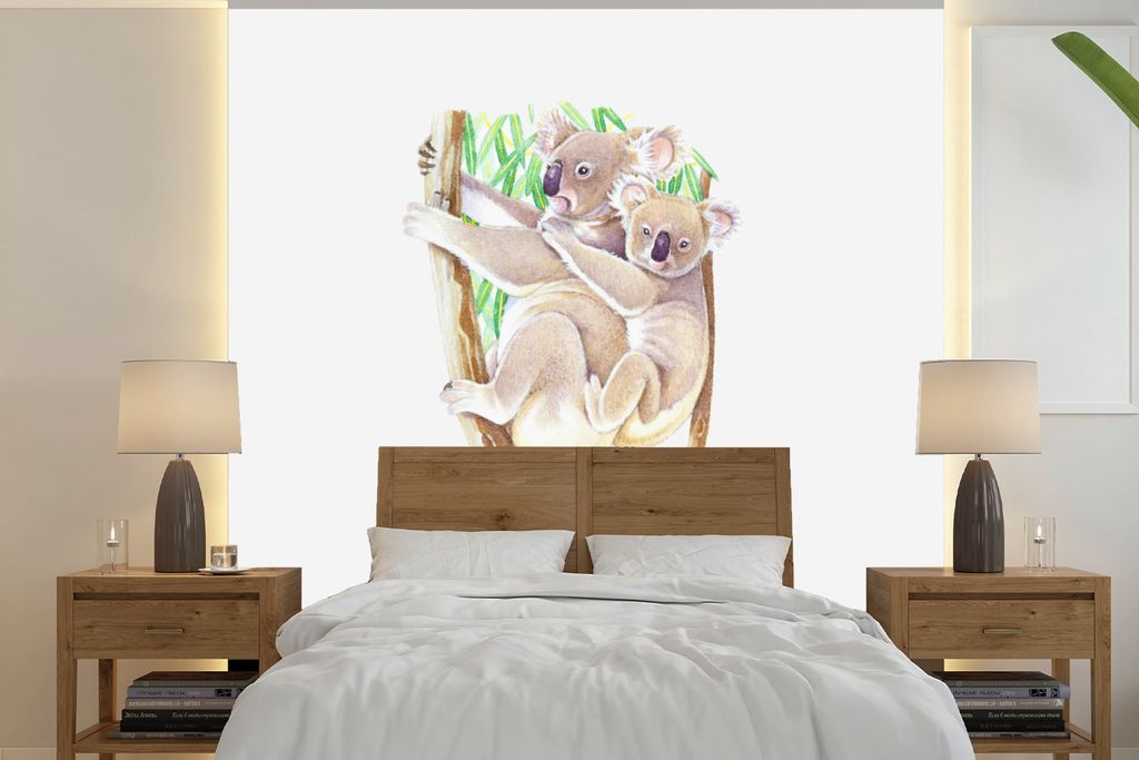 MuchoWow Fototapete für Wohnzimmer oder Schlafzimmer Wandtapete Vinyl Motivtapete Koala - Zweig - Aquarell - 350x350 cm - Schlafzimmertapete
