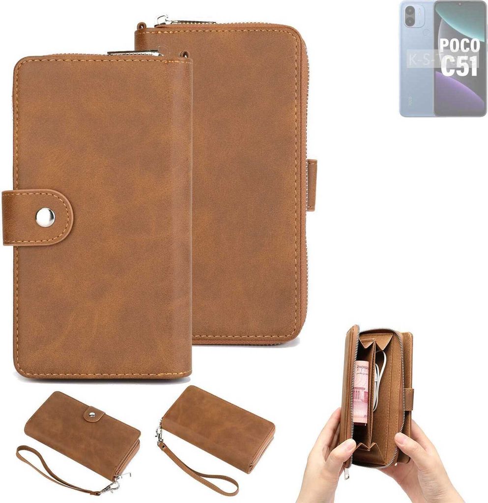 K-S-Trade Handyhülle Schutzhülle kompatibel mit POCO C51 & Portemonnee Tasche Handytasche Case Etui Geldbörse Wallet braun (1x)