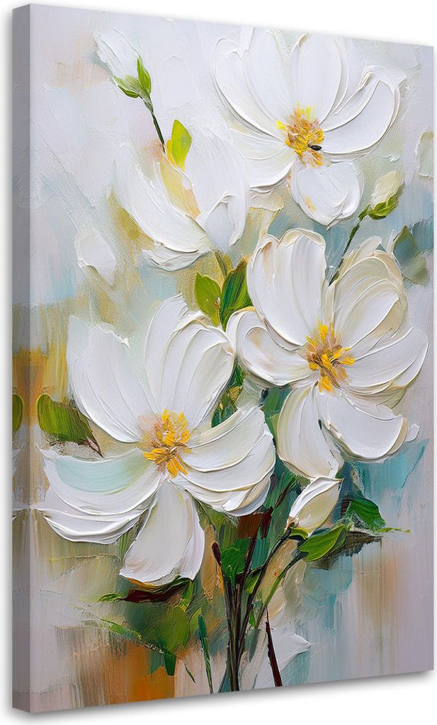 Leinwandbild Weiß Gemalte Blumen Natur 70x100 Feeby Weiß bild für die wand bereit zum aufhängen