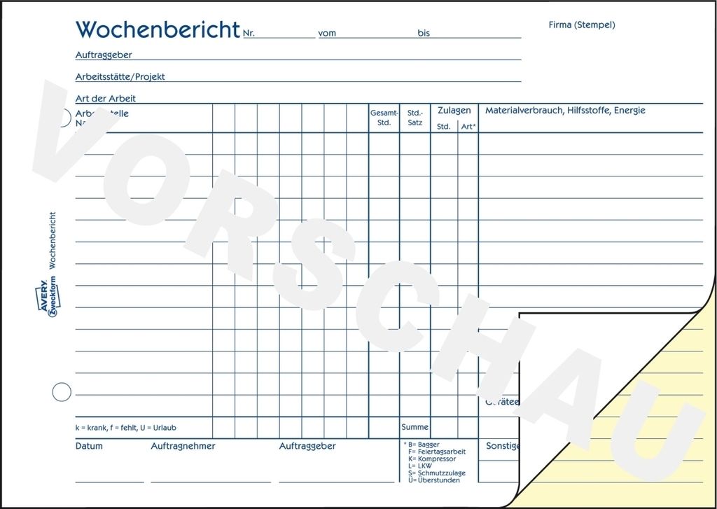 Formularbuch Wochenbericht A5 VE=10x2x50 Blatt