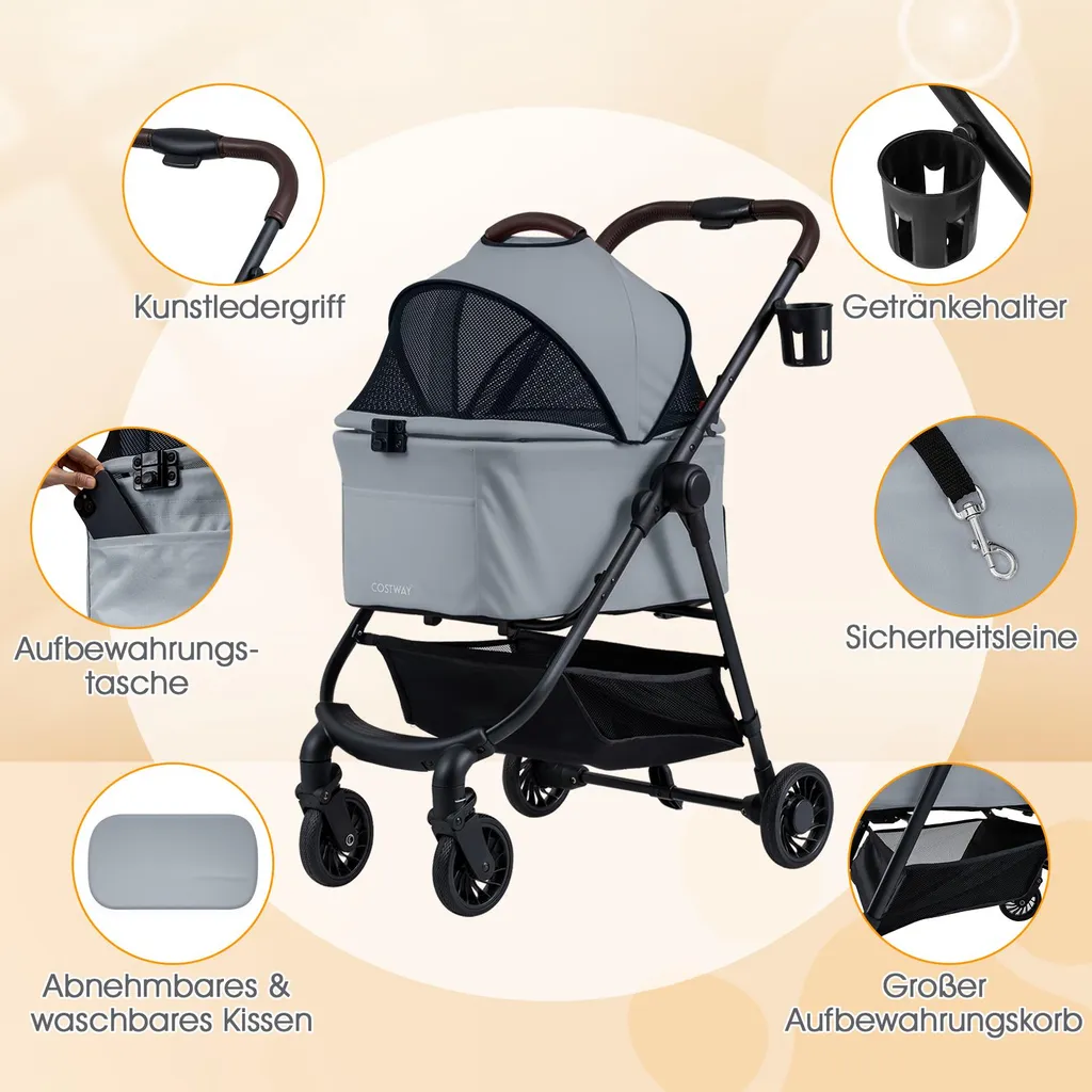 COSTWAY Passeggino per cani 3 in 1, passeggino per cani con tetto in rete regolabile, cestino e portabevande, passeggino per animali fino a 15 kg, cassa per cani pieghevole, metallo (grigio) - 8