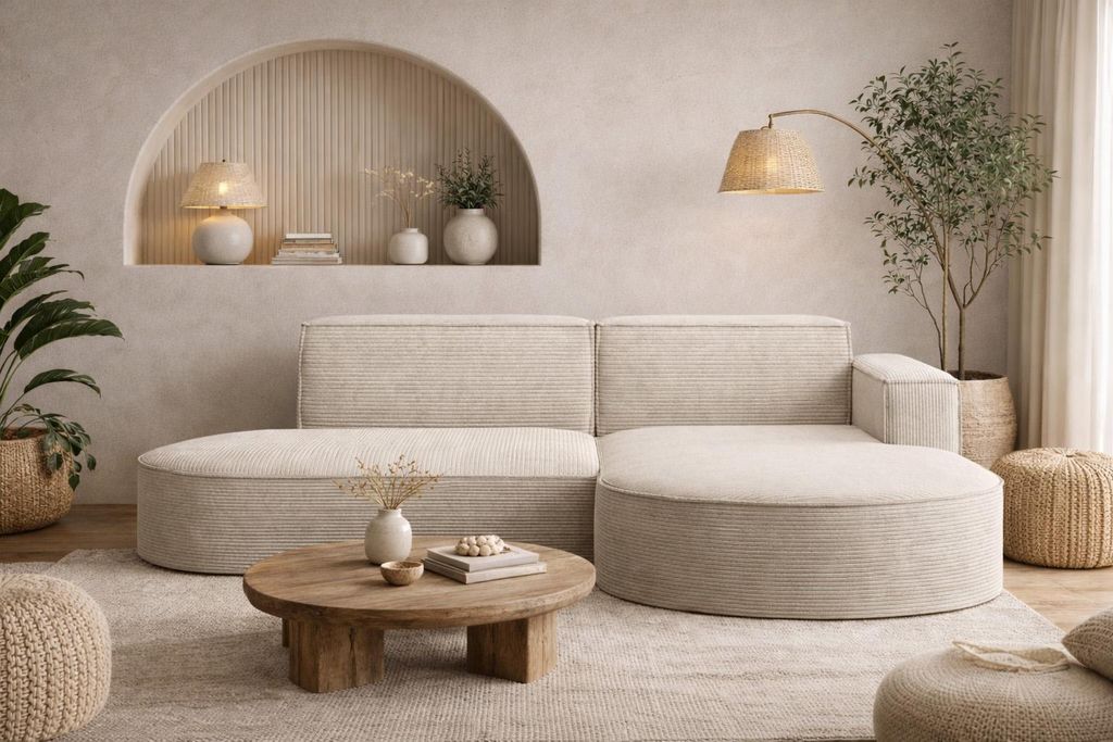 A modern living room with a sectional sofa, coffee table, and floor lamp.