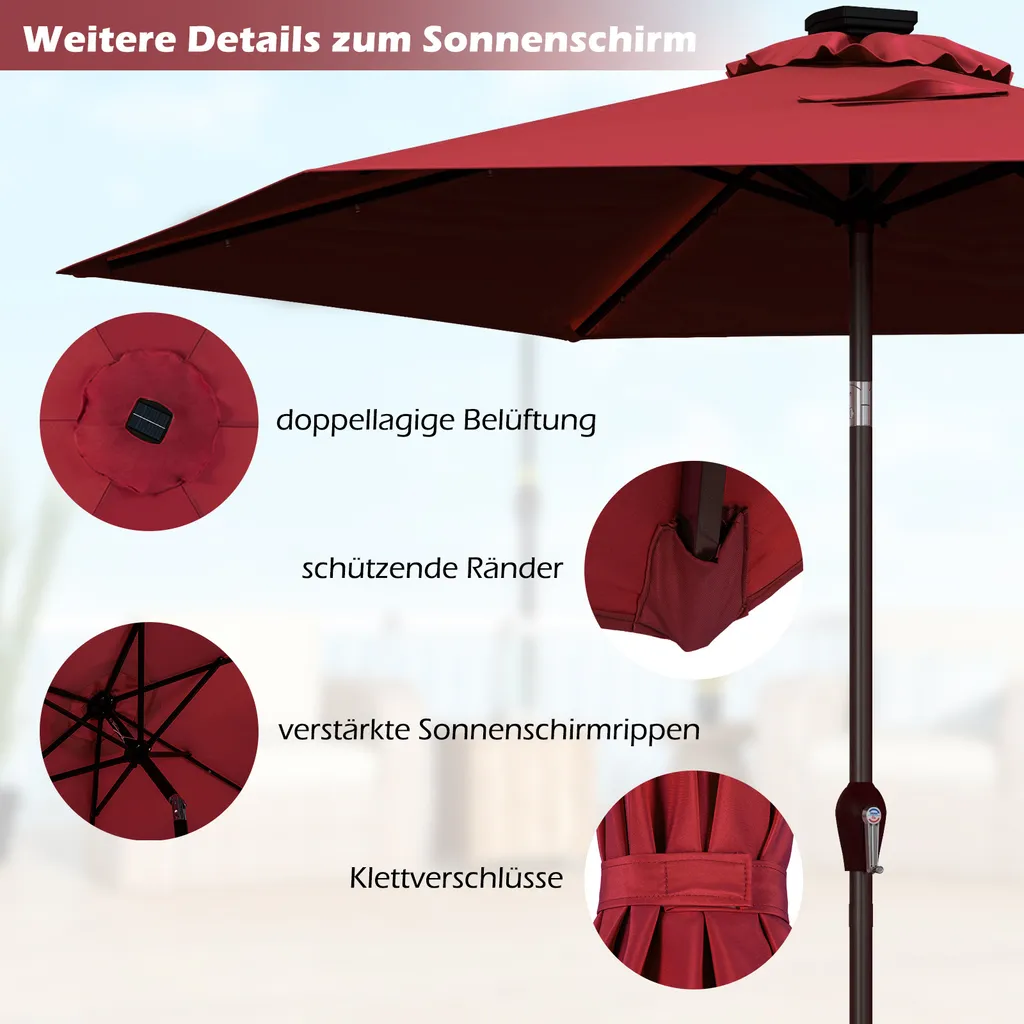 COSTWAY Ombrellone 270 cm con illuminazione solare a LED e manovella Ombrellone a semaforo Ombrellone da giardino Ombrellone da mercato Ombrellone da spiaggia Ombrellone a manovella Ombrellone rosso vino - 10