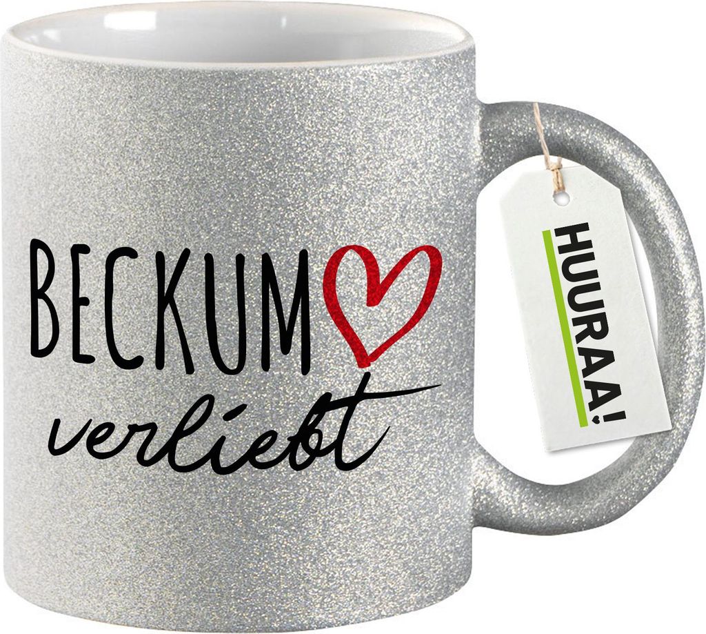 Huuraa Glitzertasse Beckum verliebt 330ml Silber Keramik Kaffeebecher Geschenkidee