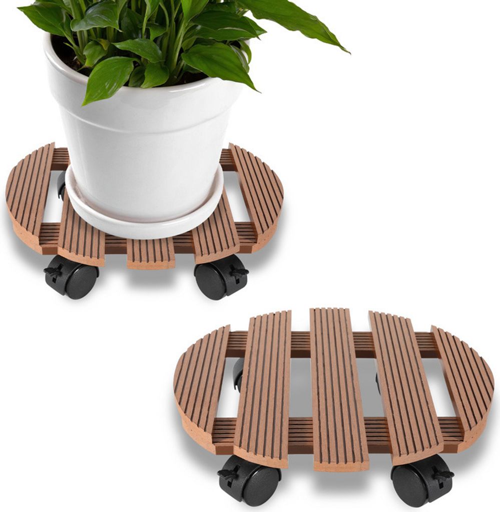 Clanmacy 2x WPC Pflanzenroller 30x7.5 cm Blumenroller bis 80 Kg Rolluntersetzer Rollbrett Rund Braun