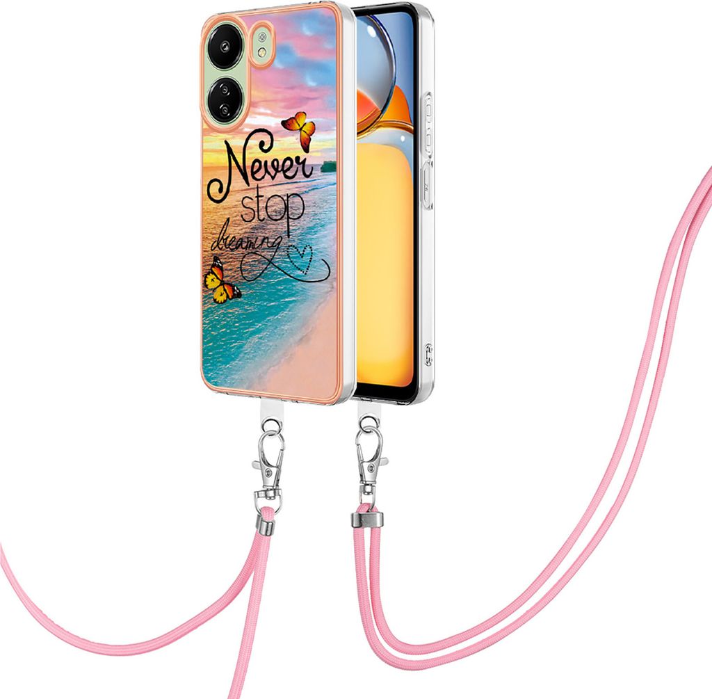 Handykette Hülle für Xiaomi Redmi 13C 4G/Poco C65 Muster TPU Schutzhülle mit verstellbarem Tragegurt Gold