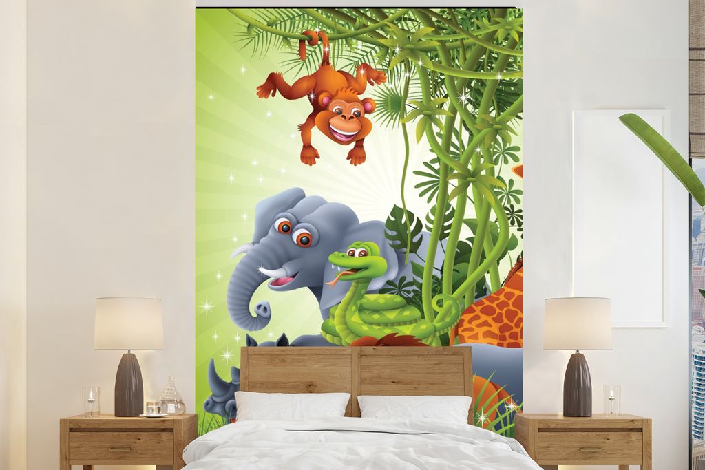 MuchoWow Fototapete für Wohnzimmer oder Schlafzimmer Wandtapete Vinyl Motivtapete Dschungeltiere - Pflanzen - Kinder - Elefant - Giraffe - Löwe...