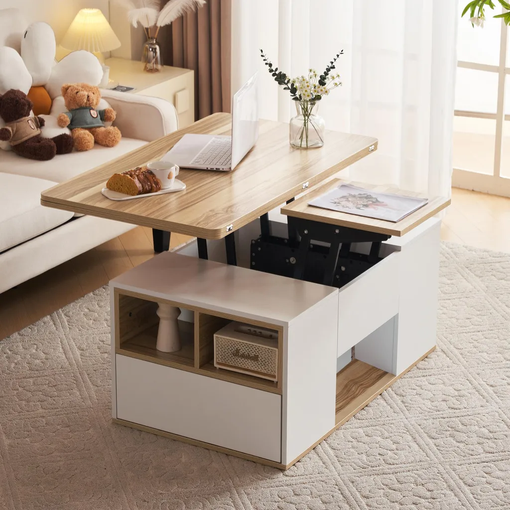 Table Basse pour Manger et Travailler - Double Plateau Relevable 2 Tiroirs